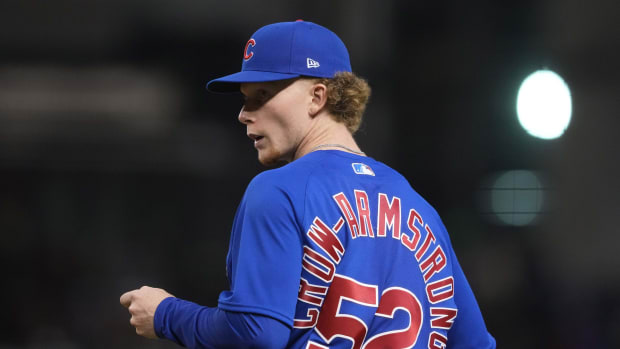 Sep 16, 2023; Phoenix, Arizona, USA; Chicago Cubs center fielder Pete Crow-Armstrong (52) looks on against the Arizona Diamondbacks during the 11th inning at Chase Field. Mandatory Credit: Joe Camporeale-USA TODAY Sports